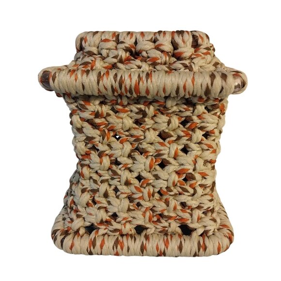 Vintage Macrame Tissue Box Cover Brown Tones With Ceramic Butterfly Accent - Picture 3 of 6